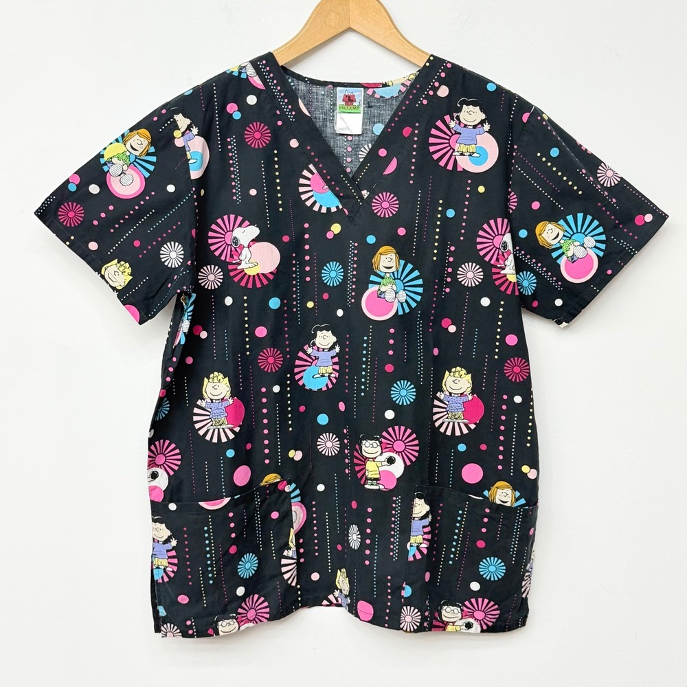 Peanuts Snoopy Charlie Brown Scrub Top Large V-Neck Nurse Uniform Quirky Pockets